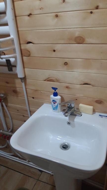 a white sink in a bathroom with a wooden wall at Tiny house in Ulgii in Ölgiy