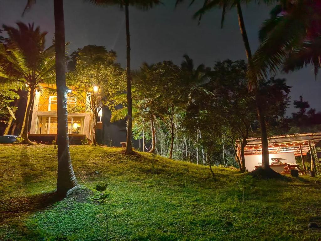 a house on a hill with palm trees at night at Elnora's Farm in Lucban