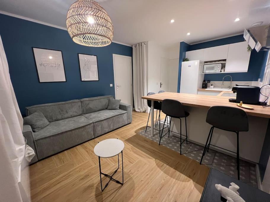 ein Wohnzimmer mit einem Sofa und einer Küche in der Unterkunft Appartement cosy proche du centre in Reims