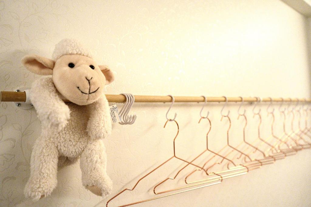 東京にある超级奢华 近秋叶原东京站Kaoa奢华套房带厨房 超豪华戴森&POLA顶级配置 4分钟到东京站 3分钟到地铁のテディベアが衣服掛けに掛かっている