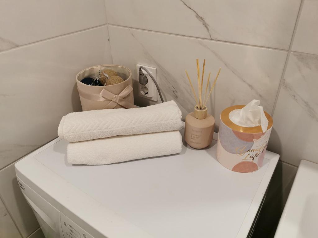 biała półka z ręcznikami i innymi rzeczami na niej w obiekcie Jaama Apartement w mieście Valga