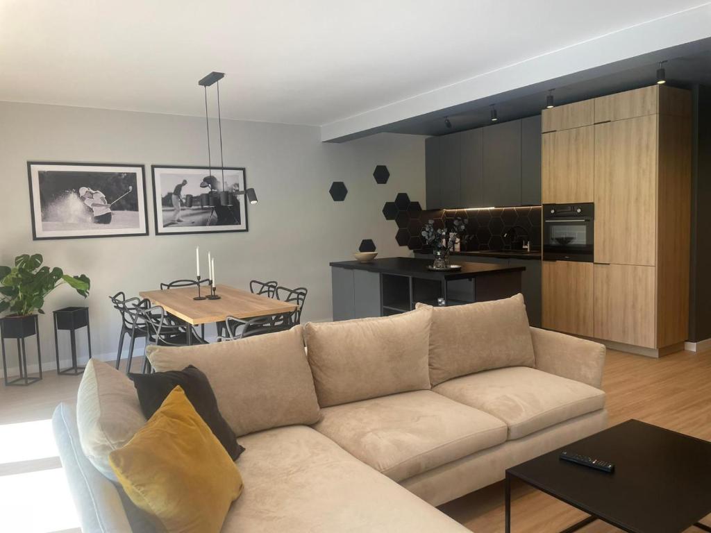 salon z kanapą i kuchnią w obiekcie Apartamenty Parkowa - Kamień Śląski w mieście Kamień Śląski