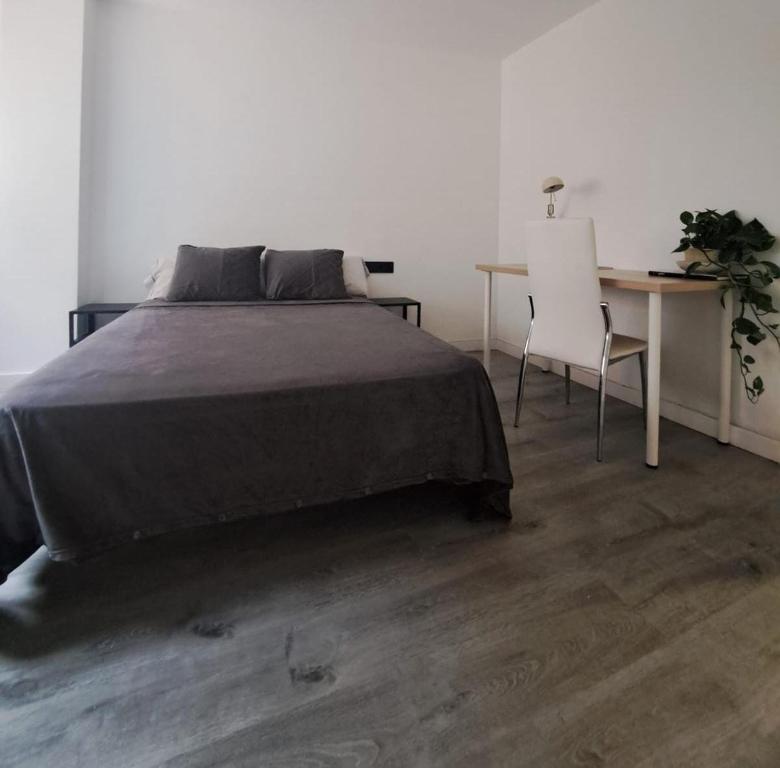 1 dormitorio con cama, escritorio y mesa en Habitación Doble en piso compartido, en Premiá de Mar