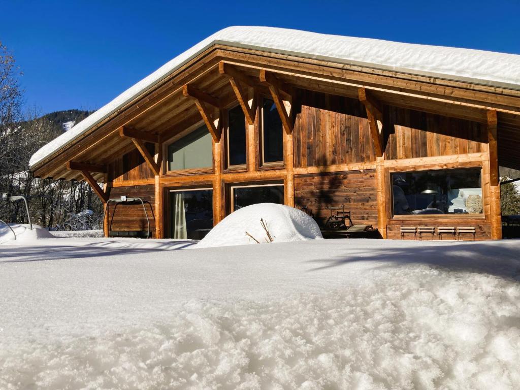 a log cabin with snow on the ground in front of it at Chalet Alpen in Praz-sur-Arly