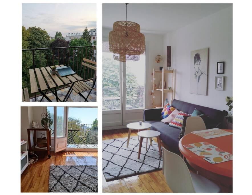 2 immagini di un soggiorno con divano e tavolo di Terrasse+parking 3 BR6P-Paris near stade de France a Saint-Denis