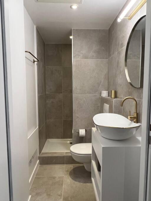 a bathroom with a sink and a toilet and a mirror at L&#39;Oasis urbaine : détente totale in La Rochelle