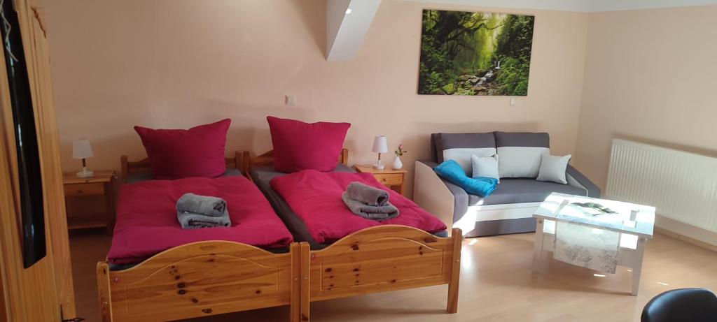 a bedroom with two beds with pink pillows at FeWo Am Tummelplatz in Blankenburg