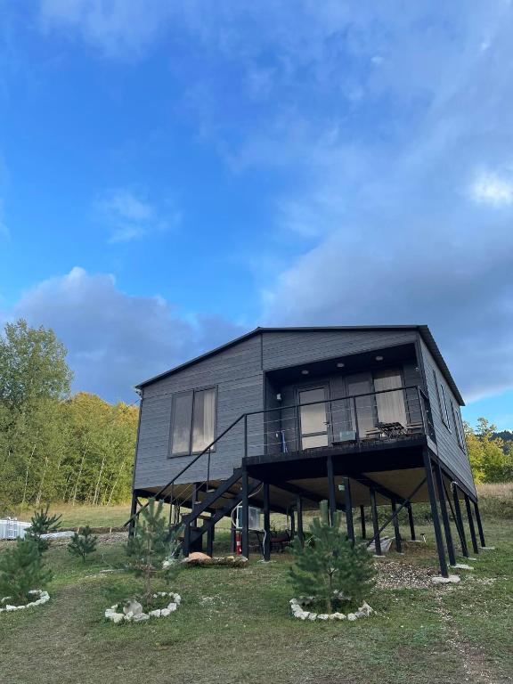 a black house with a balcony on a field at Punta-Racha in Ambrolauri