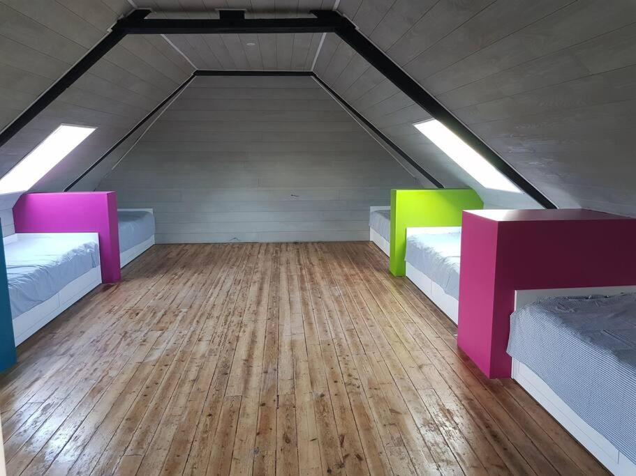 Cette chambre mansardée comprend 2 lits et du parquet. dans l'établissement Gite les grèves : 15 pers, 300m de la mer + sauna, à Saint-Quay-Portrieux
