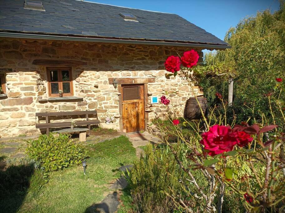 une maison en pierre avec une porte en bois et des fleurs rouges dans l'établissement Dríade, à Villar de las Traviesas