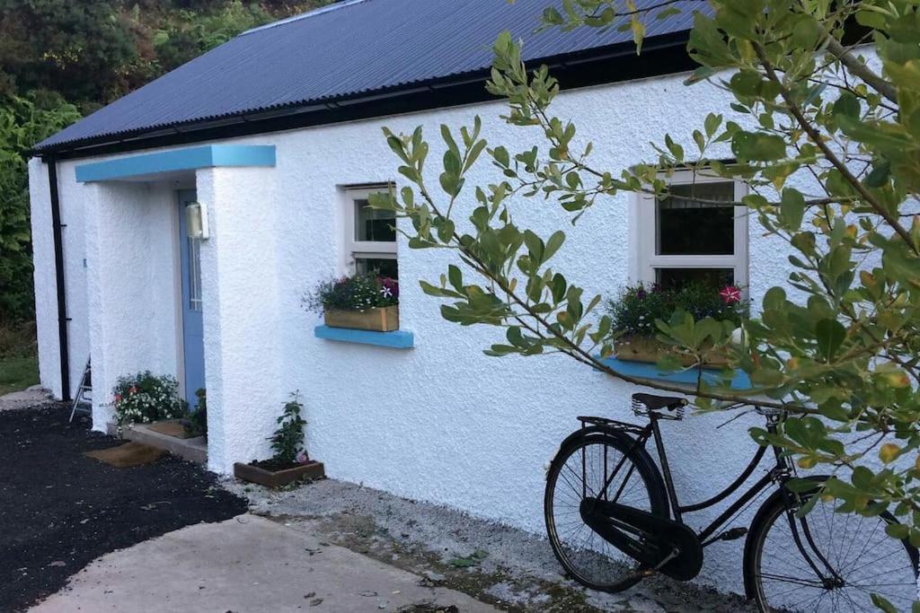 a bike parked in front of a white house at Lovely cottage in Lower Bracky