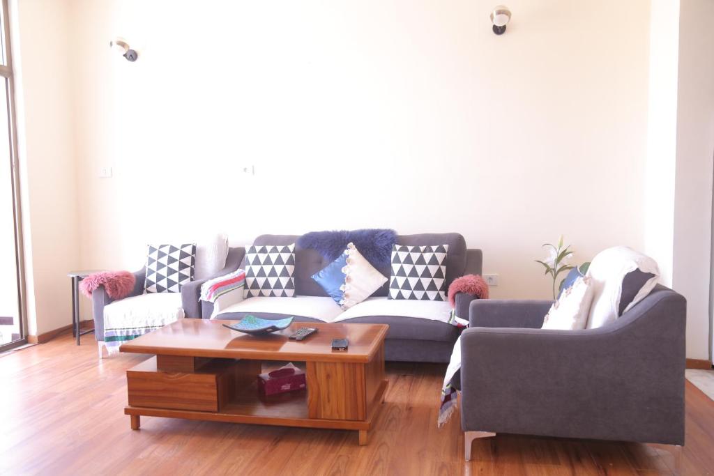 a living room with two couches and a coffee table at Matts Realestate in Addis Ababa