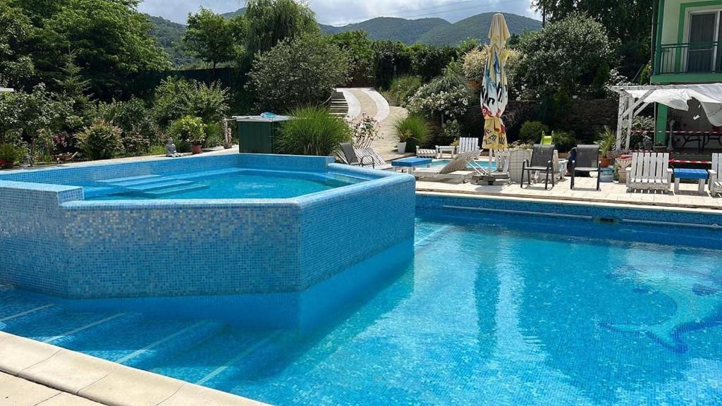 a swimming pool with a blue tiled swimming pool at La Păstrăvărie in Mehadia