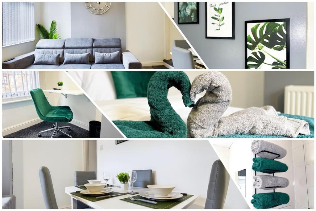 un collage de fotos de una sala de estar con toallas de cisne en Birks House By RMR Accommodations - NEW - Sleeps 8 - Modern - Parking, en Stoke on Trent