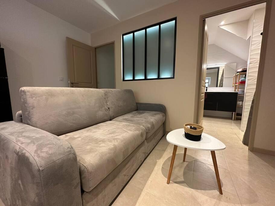 ein Wohnzimmer mit einem Sofa und einem Tisch in der Unterkunft L’amandier - Appartement in Paulhan