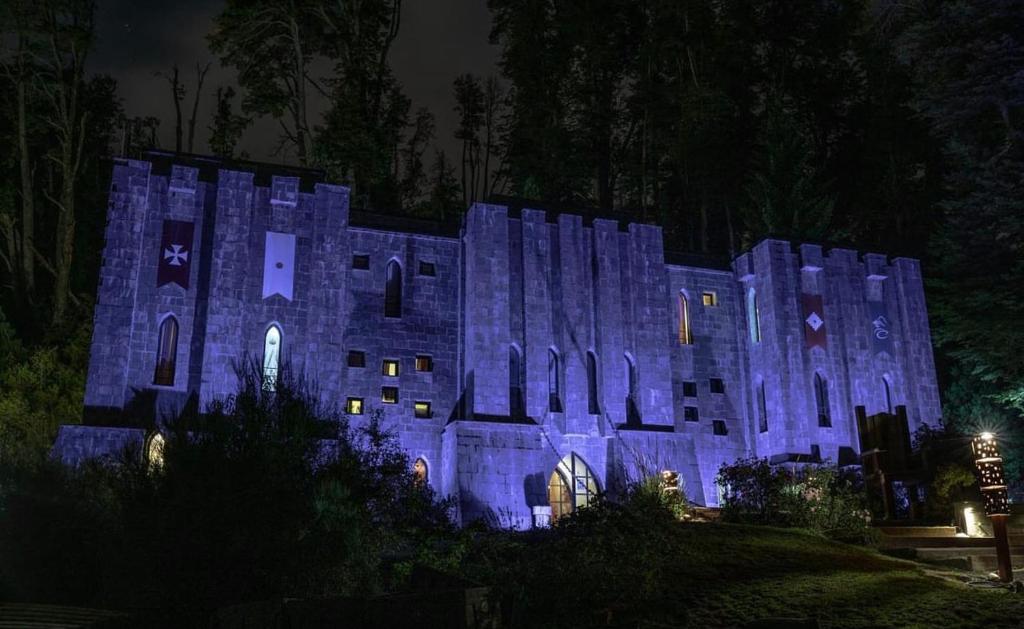 a large building lit up in blue at night at Del Caballero Hotel in Villa La Angostura