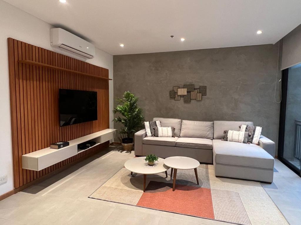 a living room with a couch and a tv at Gomez de castro apartments in Asunción