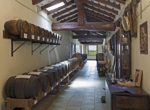 una habitación con una fila de barriles de vino en la pared en B&B Acetaia Il Mulino Di Navicello, en Módena