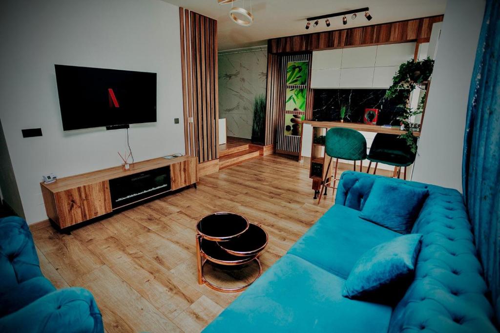 a living room with a blue couch and a television at Jacuzzi Apartment in Baia Mare