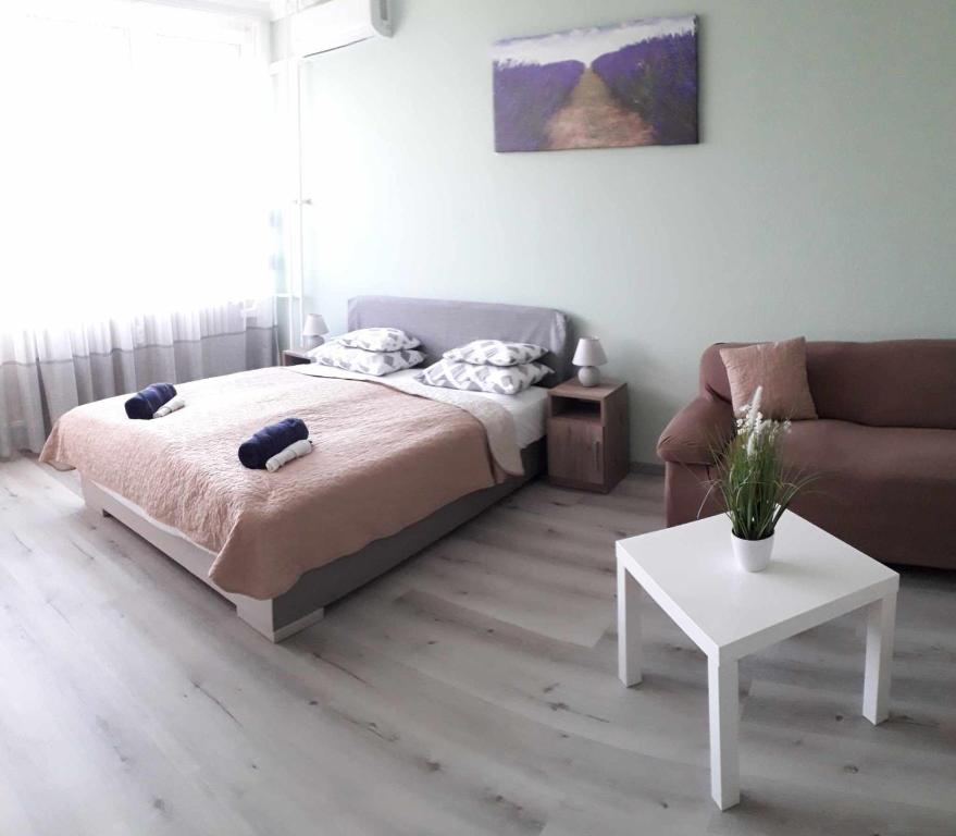 ニーレジハーザにあるSweet Dreams Apartmanのベッドルーム1室(ベッド1台、ソファ、テーブル付)