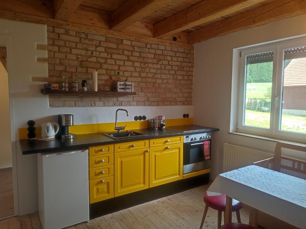 cocina con armarios amarillos, fregadero y fogones en Design-Studio am Salerhof, en Bad Wurzach
