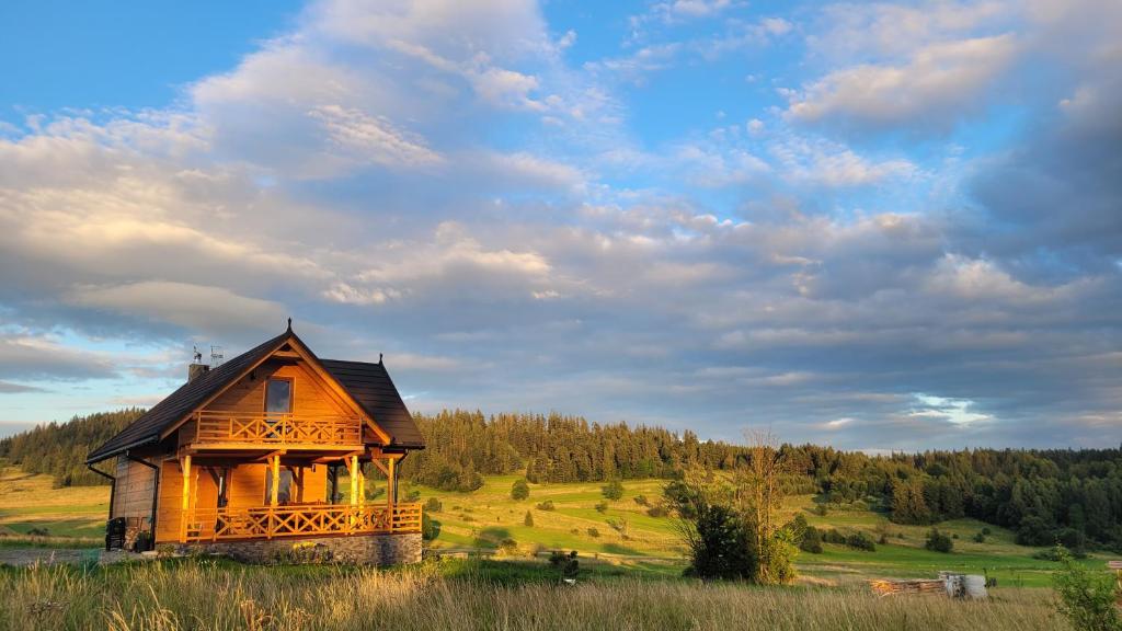 a wooden cabin in a field with a cloudy sky at Hamajdówka in Zubrzyca Górna