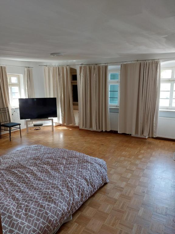a bedroom with a bed and a flat screen tv at Bistro St.Georges in Kornwestheim