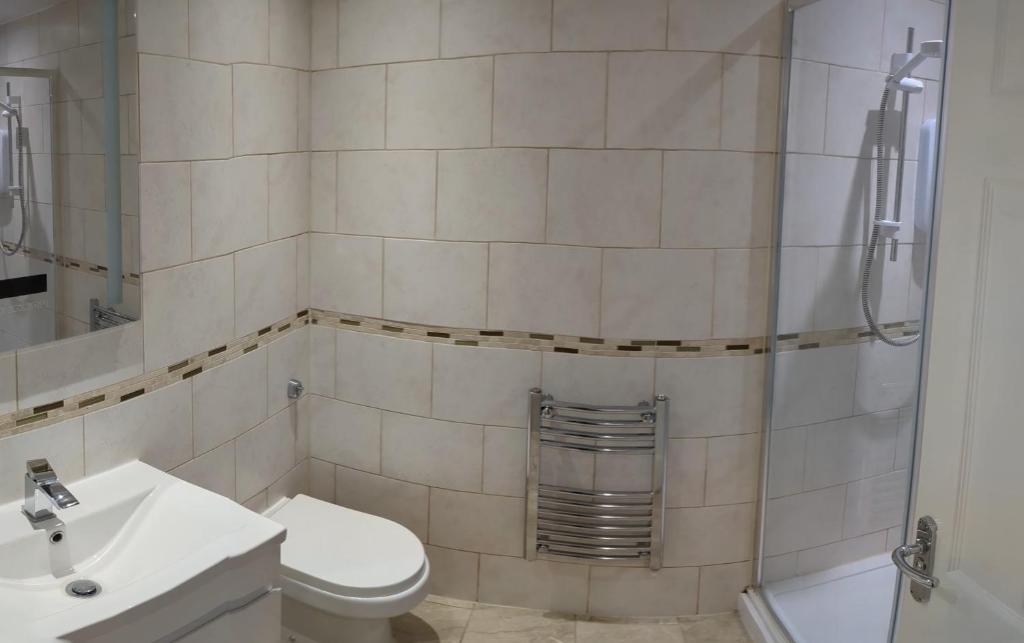 a bathroom with a shower and a toilet and a sink at Jesmond heart stays in Hartlepool
