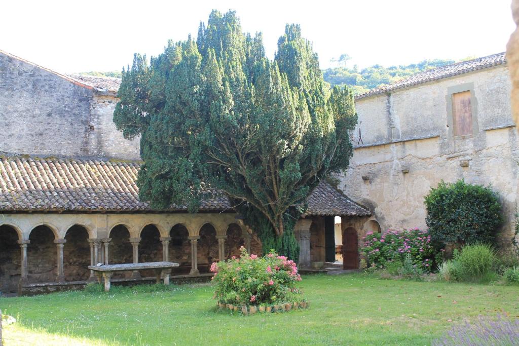 un arbre dans la cour d'un bâtiment avec banc dans l'établissement logement au sein d une abbaye cistercienne, à Saint-Martin-le-Vieil