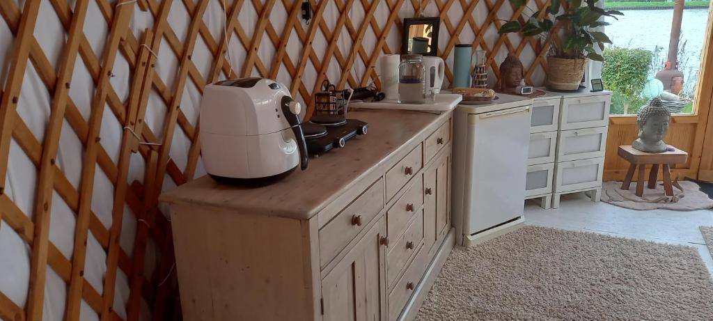 a kitchen counter with a mixer on top of it at Mongoolse yurt met uitzicht op fort nigtevecht in Nigtevecht