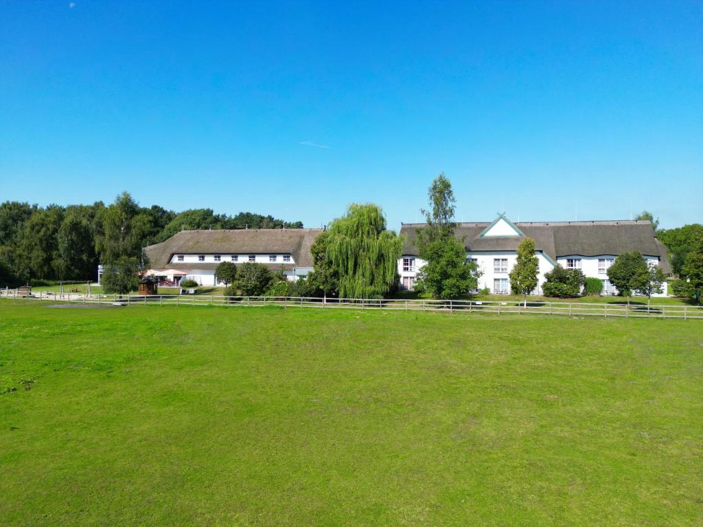 un grande campo verde con case sullo sfondo di Friesenhof Hotel-Restaurant-Reitanlage a Trassenheide
