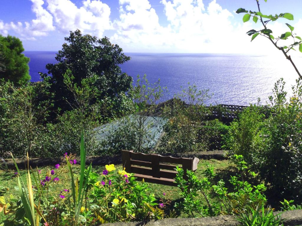 a bench in a garden with a view of the ocean at Casa Rural SOBRE EL MAR in Breña Baja
