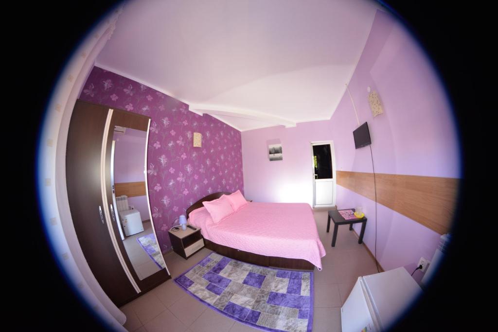エフォリエ・ノルドにあるVila Alexandruのピンクベッド1台、バスルームが備わる小さな客室です。