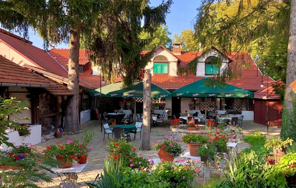 ein Haus mit vielen Blumen im Hof in der Unterkunft Talizmán Étterem Panzió in Miskolc