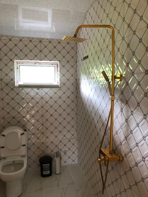 a small bathroom with a toilet and a window at Hotel Okatsia სასტუმრო ოკაცია in Gordi