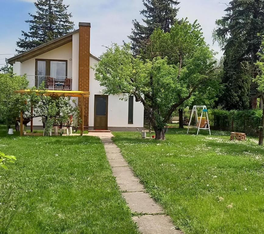 a house with a grass yard with a tree and a swing at Két Puli Vendégház in Békéscsaba