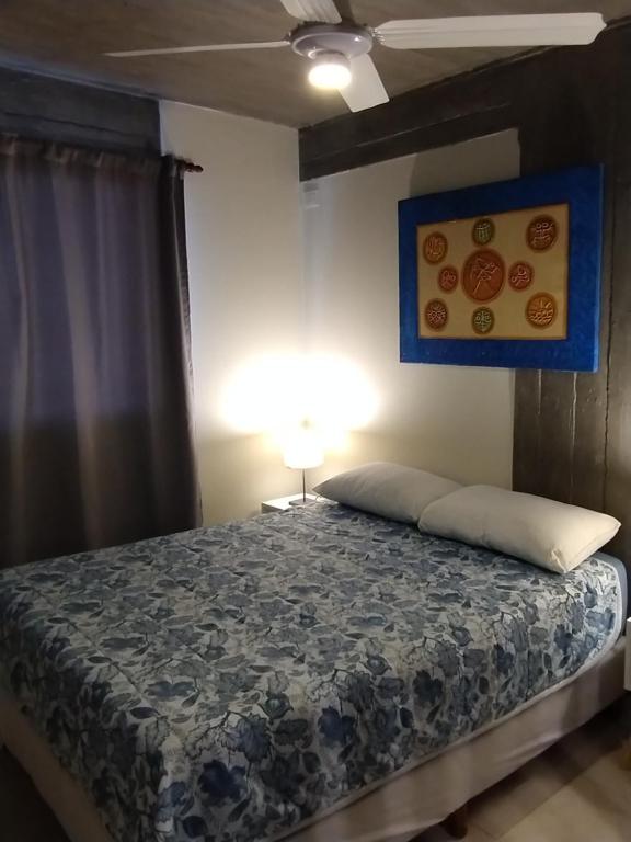 a bedroom with a bed with a blue comforter at Jujuy 303 y Piedras in San Miguel de Tucumán