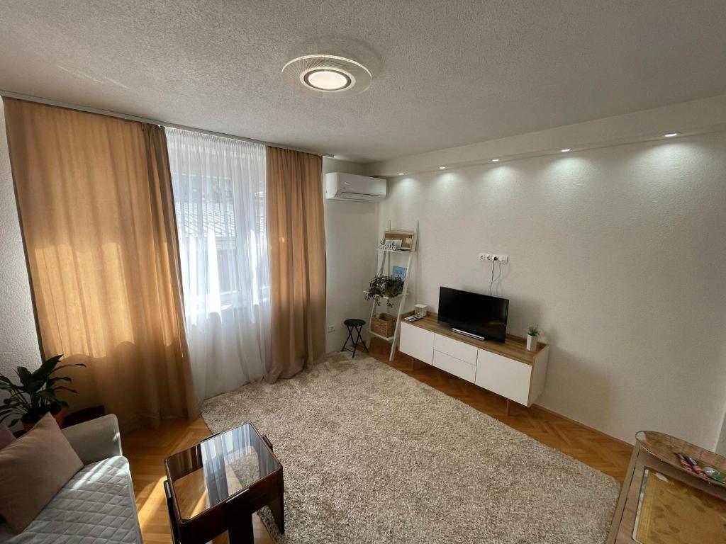 uma sala de estar com uma televisão de ecrã plano e um sofá em Dženx Apartmani em Sarajevo