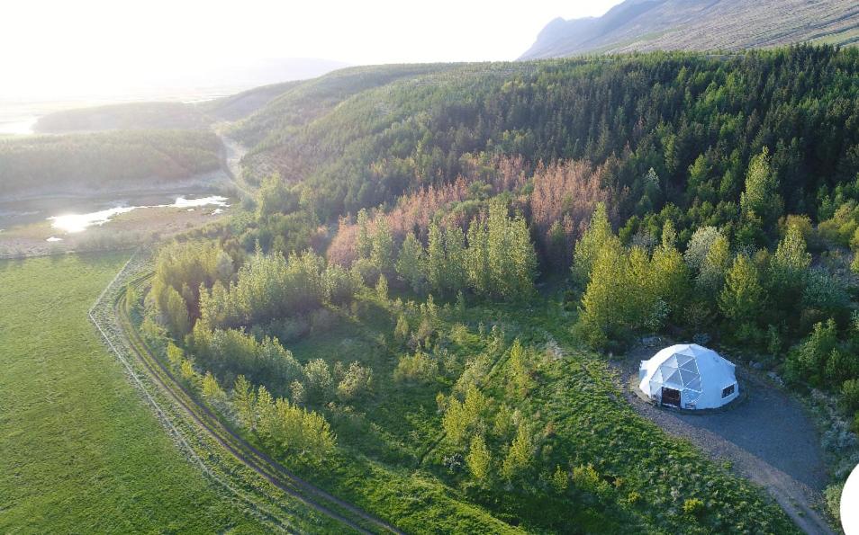 an aerial view of a tent in the middle of a forest at Apartment dome Hof í Vatnsdal in Blönduós