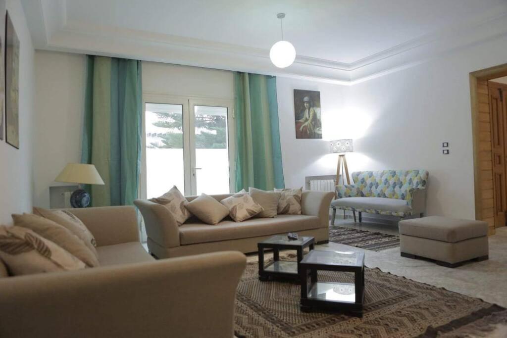 ein Wohnzimmer mit einem Sofa und einem Stuhl in der Unterkunft Duplex face la résidence d ambassadeur de l Angleterre in La Marsa