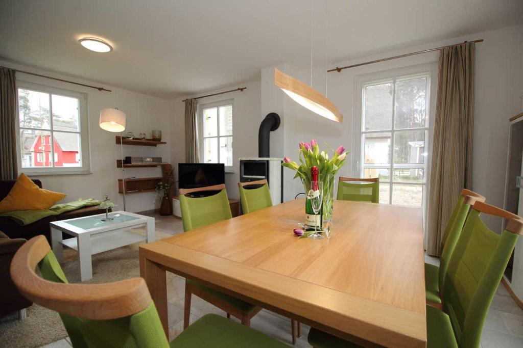 グロヴェにあるReethaus Seeschwalbeのリビングルーム(木製テーブル、緑の椅子付)