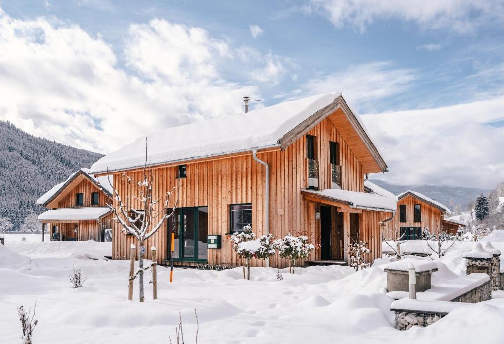 a wooden cabin in the snow with snow covered trees at Chalet Prinz in Murau