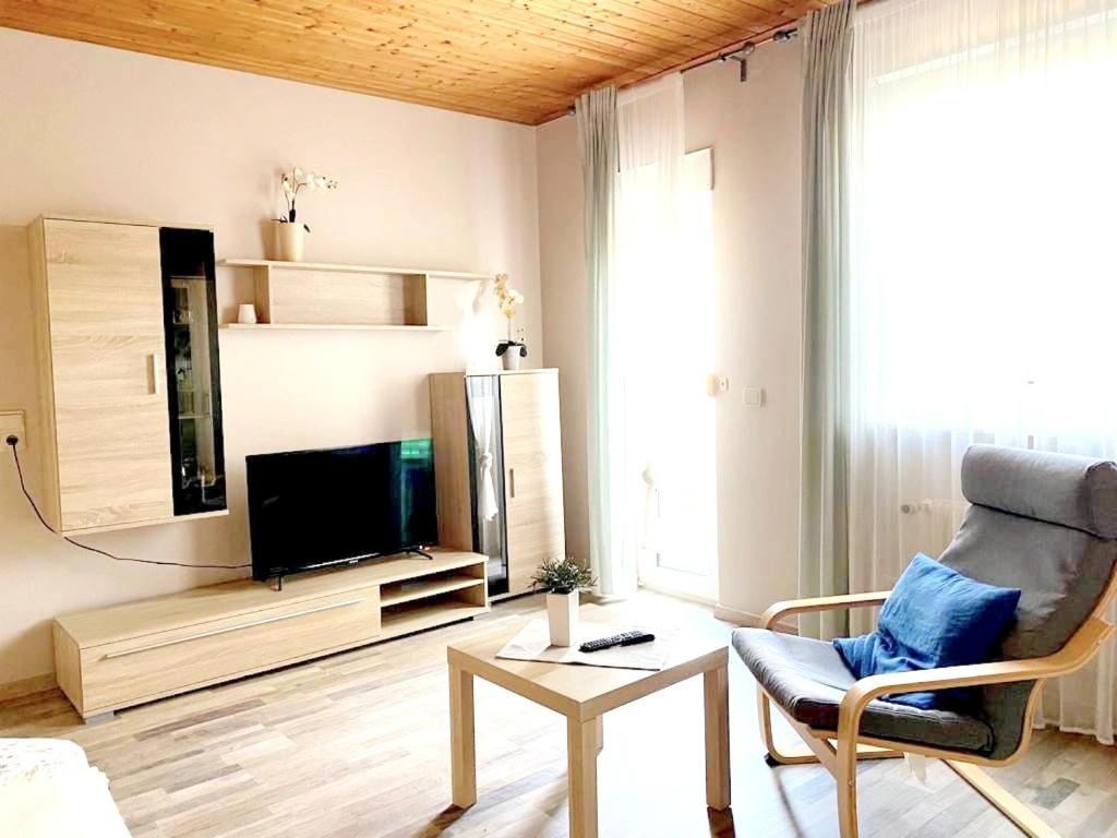 a living room with a tv and a chair and a table at 3 bedrooms appartement with terrace and wifi at Lorsch in Lorsch