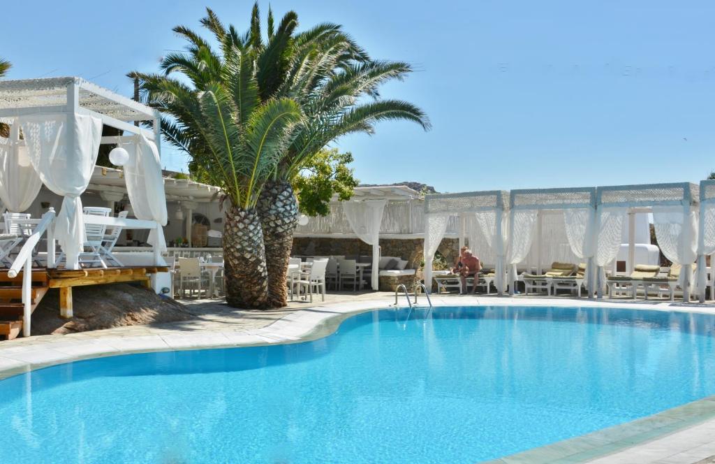 una piscina in un resort con palme e sedie di Zephyros a Paraga