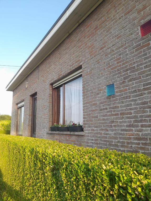 a brick building with a window with flowers in it at In the old farmhouse in Assenede