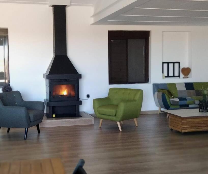ein Wohnzimmer mit einem grünen Stuhl und einem Kamin in der Unterkunft Finca El Pilar in Madridejos