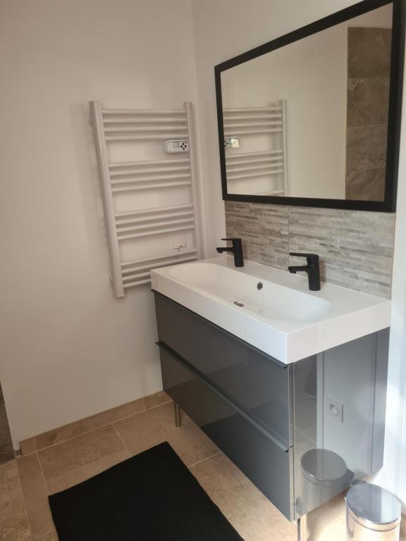 a bathroom with a white sink and a mirror at Maison en plein nature in Villemus