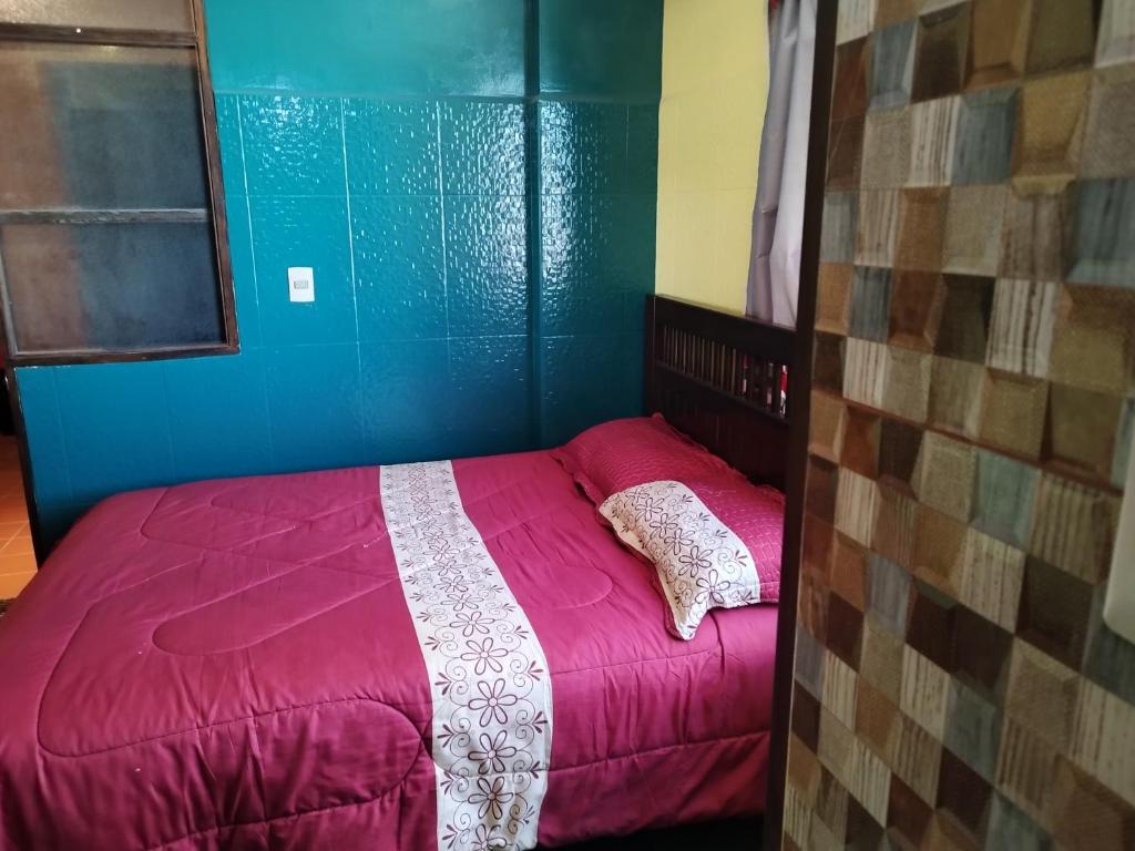 a bedroom with a pink bed with a blue wall at HOSTAL YOKOSO in Uyuni