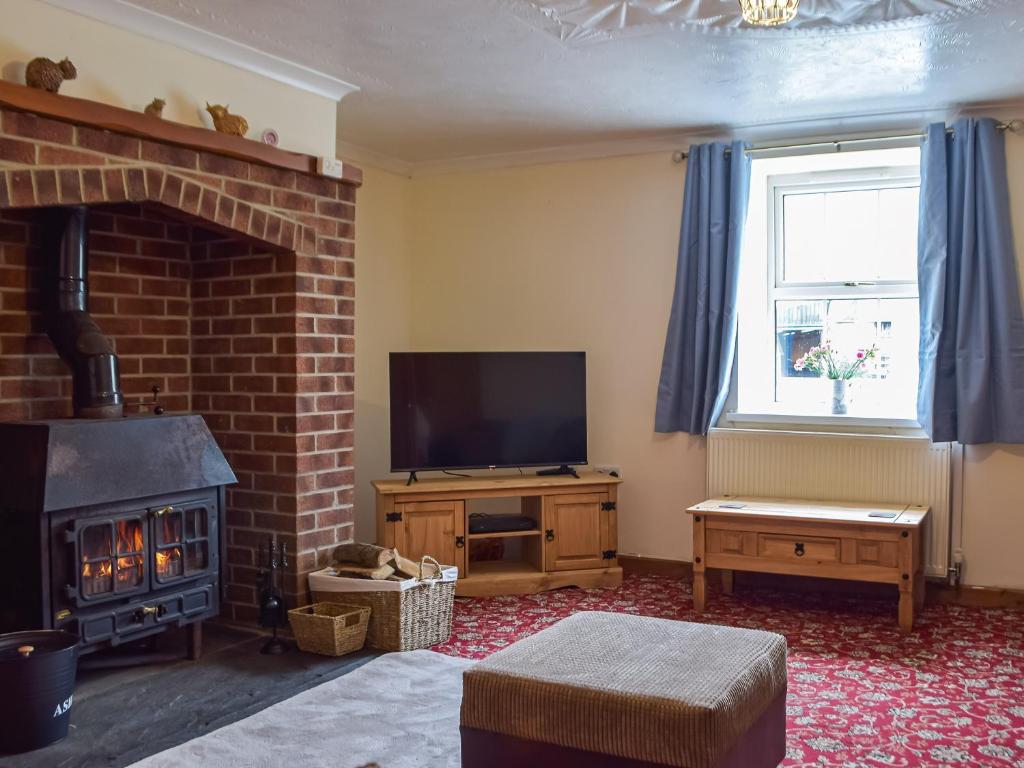 a living room with a fireplace and a television at Penrhiw Meredith in Llanfynydd