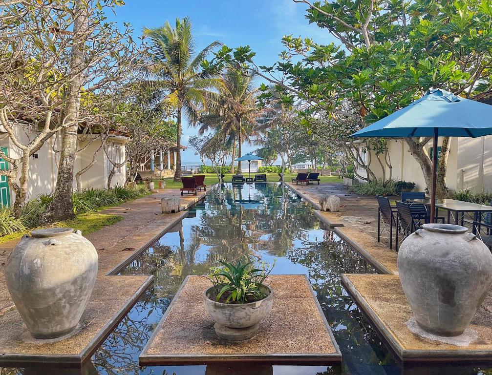 a pool of water with two vases and an umbrella at Elysium in Unawatuna